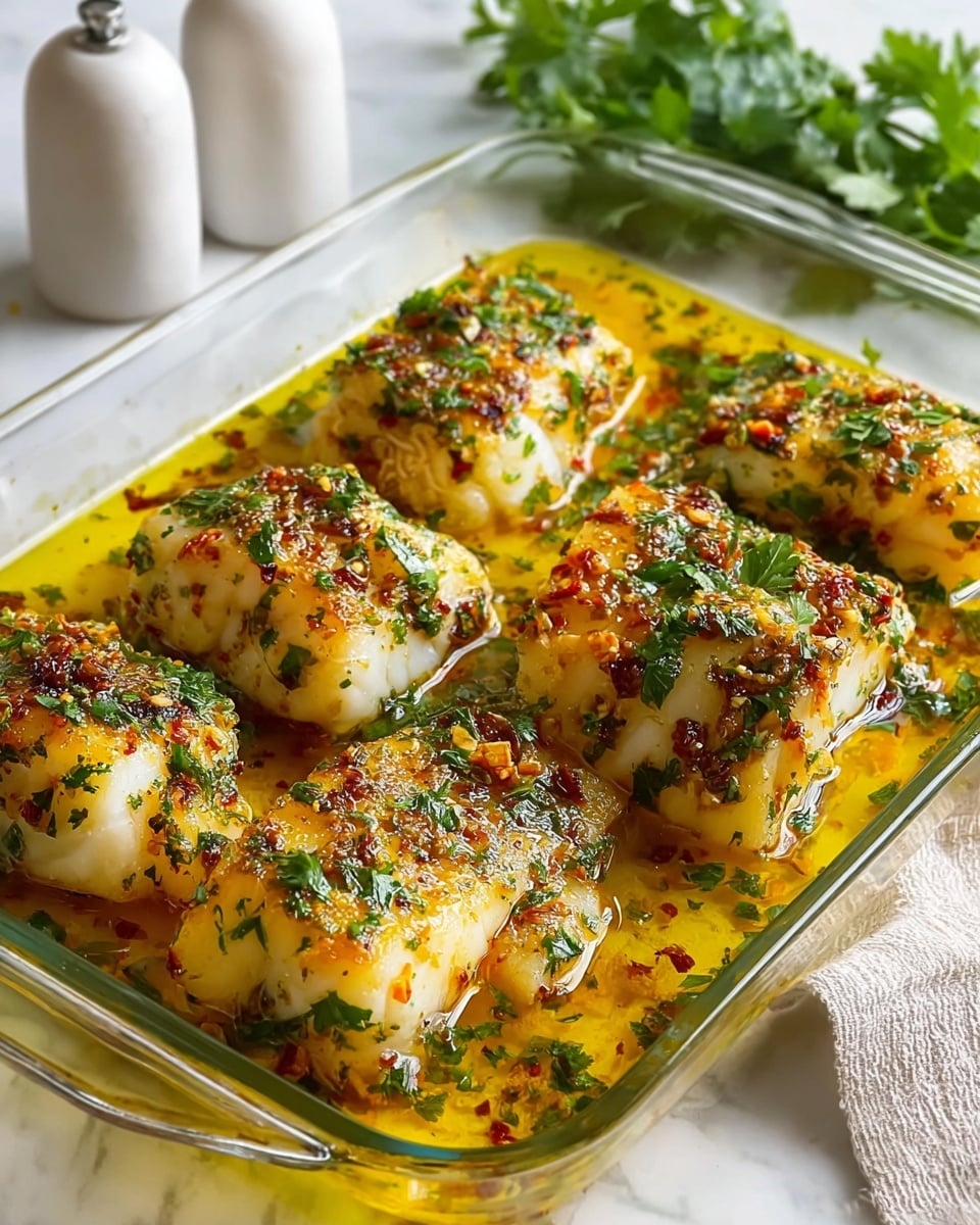 The image shows a glass baking dish filled with six pieces of cooked fish, each piece golden-brown on top with a crispy texture. The fish is covered in green herbs, bits of red chili flakes, and small pieces of garlic, sitting in a layer of bright yellow buttery sauce with a shiny, oily surface. The dish is placed on a white marbled surface with some green fresh herbs in the background and white salt and pepper shakers. The fish has a flaky texture with a mix of white meat and specks of seasoning spread evenly across the pieces. photo taken with an iphone --ar 4:5 --v 7