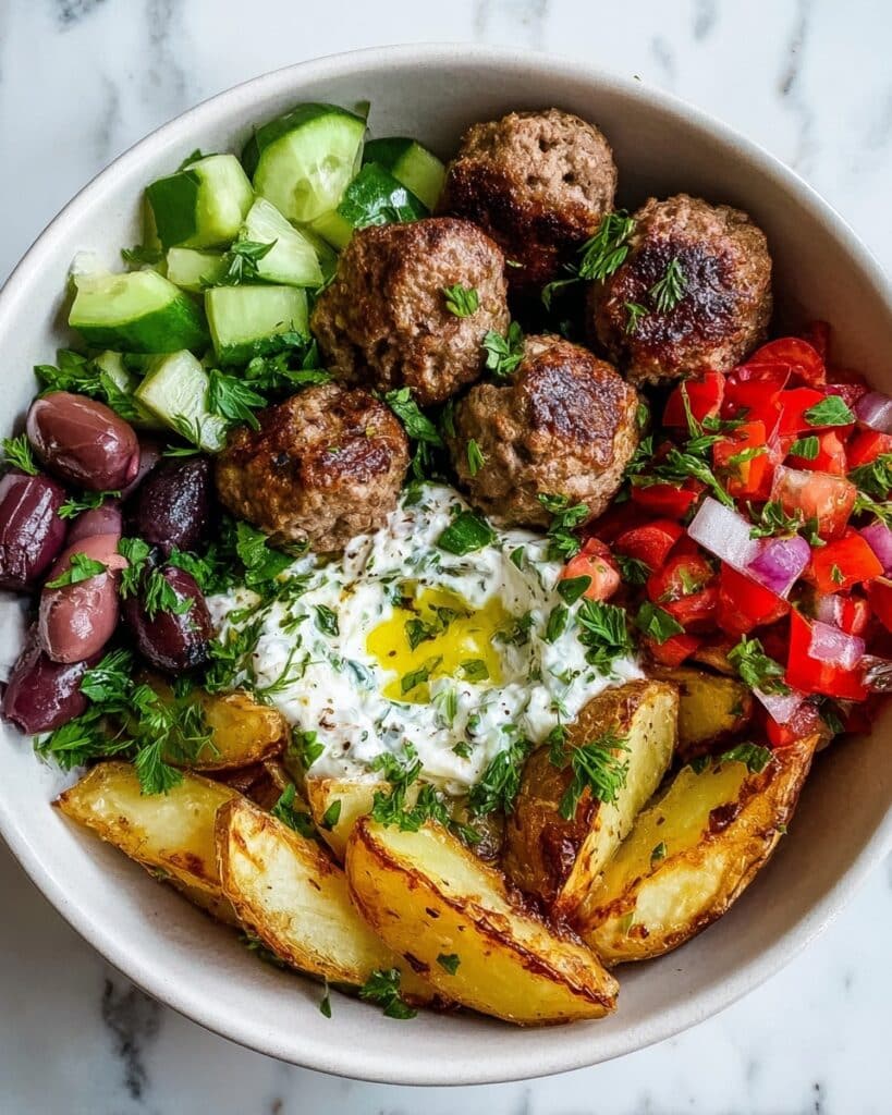 Greek Meatball Bowl with Roasted Potatoes and Tzatziki Sauce Recipe