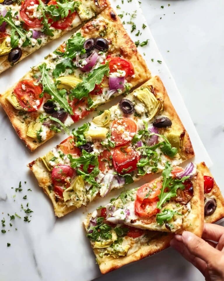 Greek Flatbread Pizza with Spinach Pesto, Tomatoes, Artichokes, and Feta Recipe