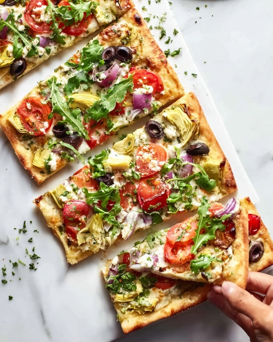 Greek Flatbread Pizza with Spinach Pesto, Tomatoes, Artichokes, and Feta Recipe