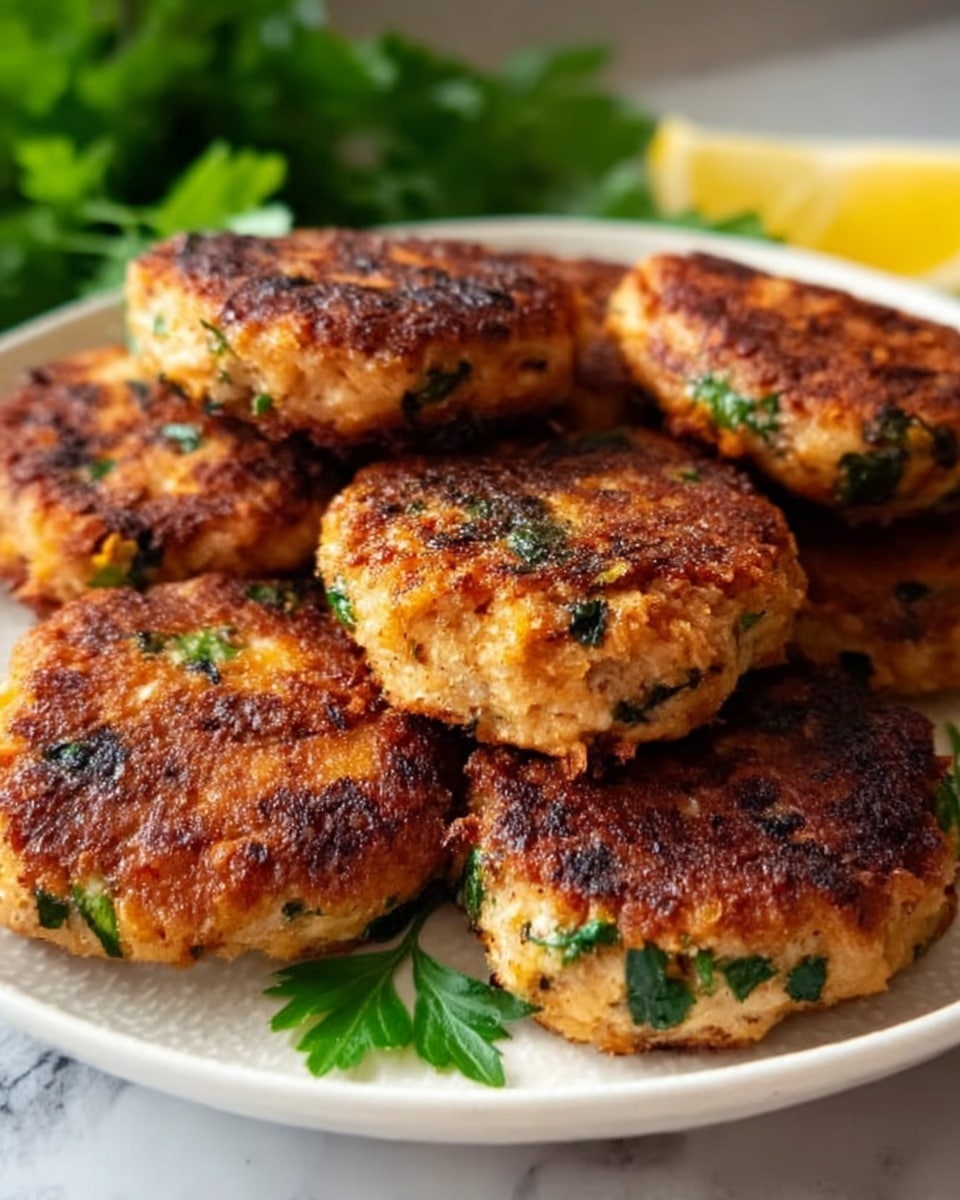 A white plate holds six golden-brown fish patties with a crispy, slightly charred surface and visible green herbs embedded inside. The patties have a round, thick shape and a rough texture that shows they are pan-fried. Small bits of green herbs peek through the patties, adding specks of color to the warm, browned crust. The plate rests on a white marbled surface with fresh green parsley and a lemon wedge blurred in the background, suggesting freshness. The lighting is soft, highlighting the patties' texture and warm tones. Photo taken with an iphone --ar 4:5 --v 7