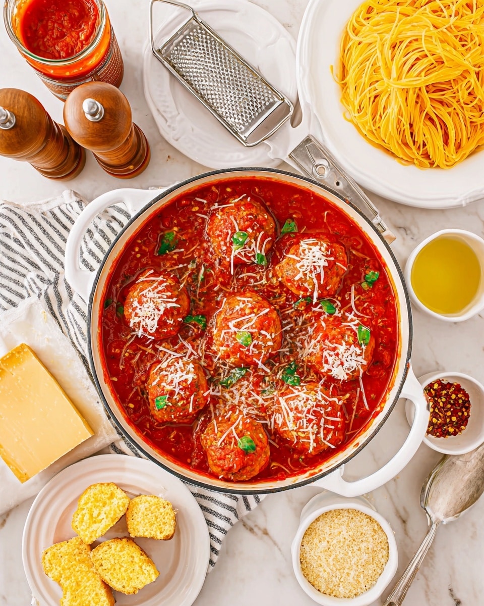 A white pot filled with seven round meatballs covered in bright red tomato sauce, sprinkled with shredded white cheese and small green basil pieces on top. The sauce looks thick and chunky, filling the spaces around the meatballs. Around the pot on a white marbled surface, there is a white plate of plain yellow spaghetti on the top right, a white bowl of light tan bread crumbs on the bottom right, and a white bowl of golden olive oil below the pot. To the top left, an open can of chunky tomato sauce with red contents is placed near two wood salt and pepper grinders. A white plate with slices of golden cornbread and a block of yellow cheese is near the can, with some shredded cheese beside it. A metal grater and a silver spatula rest on a striped cloth napkin near the pot. Small bowls contain bay leaves and bright red chili flakes with a wooden spoon on the mid-right side. Photo taken with an iphone --ar 4:5 --v 7