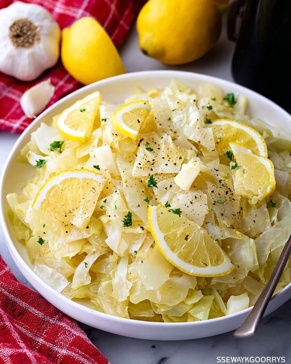 A white bowl filled with several layers of pale yellow cooked cabbage pieces, slightly translucent and soft in texture. Scattered on top are small chunks of light yellow butter and sprinkled with black pepper and green herb bits for contrast. Four bright yellow lemon wedges rest on the cabbage, adding more color and freshness to the dish. The bowl is on a white marbled surface with a garlic bulb, a lemon, and a red checkered cloth in the blurred background. photo taken with an iphone --ar 4:5 --v 7