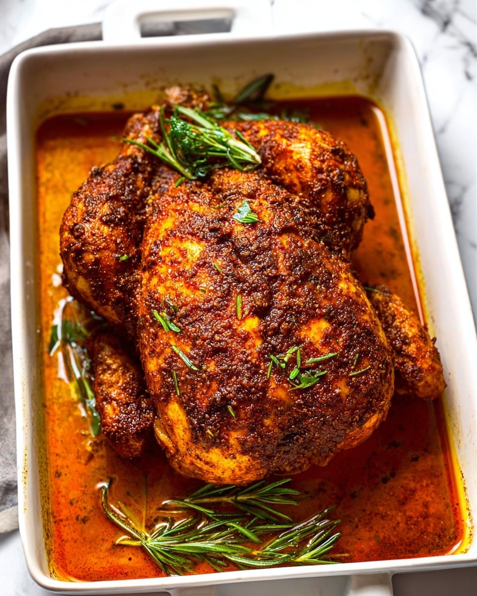 A whole roasted chicken is placed in a white rectangular baking dish filled with a rich, dark orange-brown sauce that pools around the edges. The chicken's skin is crisp and covered with a thick layer of dark, textured spices and herbs, creating a rough surface with orange and brown tones. Inside the chicken cavity, fresh green rosemary sprigs peek out, adding a touch of color contrast. Additional rosemary sprigs lie in the sauce around the chicken, enhancing the rustic, hearty feel. The background shows a white marbled surface with subtle, soft patterns visible. photo taken with an iphone --ar 4:5 --v 7
