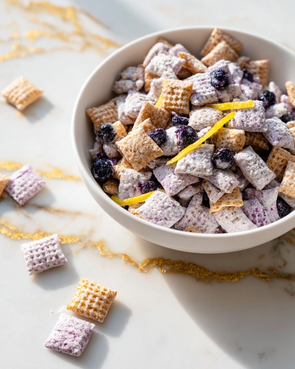 A close-up of a white bowl filled with a mix of small square cereal pieces. The cereal has two types of squares: some are light brown with a waffle texture, and others are light purple, coated with white powder and some with dark blueberries inside. There are small thin yellow strips scattered on top and mixed in with the cereal. A few of the cereal pieces are placed outside the bowl on a white marbled surface with gold streaks. The photo has soft natural light and a clean, bright look. photo taken with an iphone --ar 4:5 --v 7