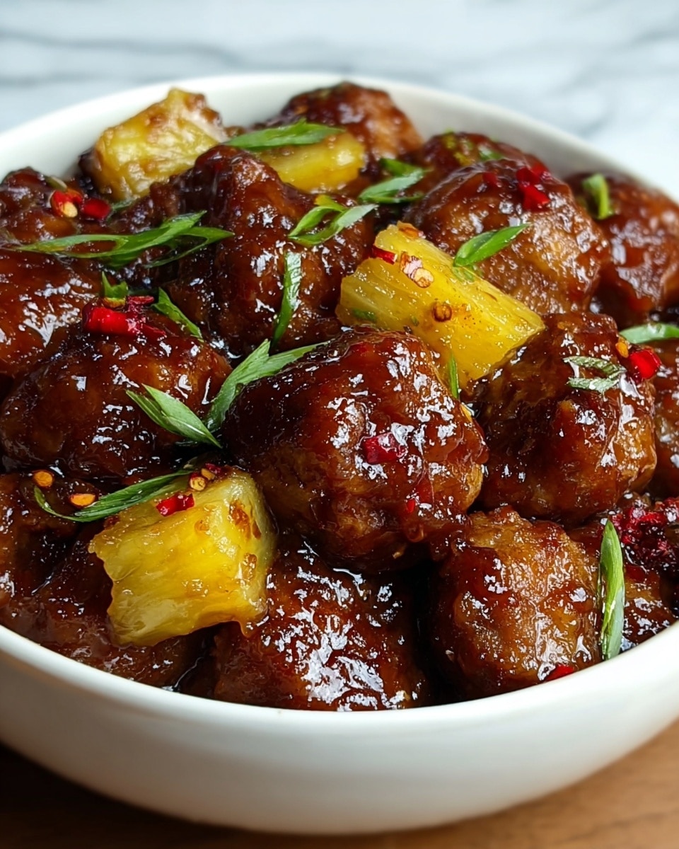 The image shows a close-up of a bowl filled with glossy, dark brown meatballs coated in a thick sauce. Scattered among the meatballs are chunks of bright yellow pineapple, adding a contrast of color and texture. Small green leaves or herbs are sprinkled on top, giving a fresh touch. There are hints of red chili flakes mixed in the sauce, adding tiny spots of bright red. The bowl is white, with a smooth and simple surface, and the background has a white marbled texture that is soft and clean. photo taken with an iphone --ar 4:5 --v 7