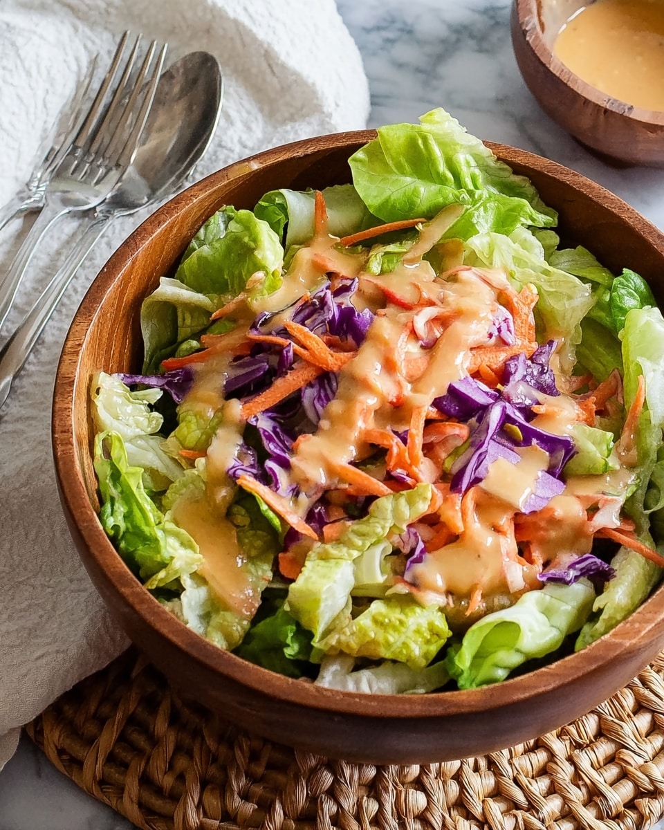 A wooden bowl filled with a fresh salad made of three main layers: at the bottom, shredded green lettuce with light and dark green shades; next, thin strips of bright orange carrots and small pieces of purple cabbage scattered across; topped with a creamy, light orange dressing smoothly spread over the salad. The bowl sits on a woven mat with a white cloth nearby and two metallic forks resting on a white marbled textured surface in the background. Photo taken with an iphone --ar 4:5 --v 7