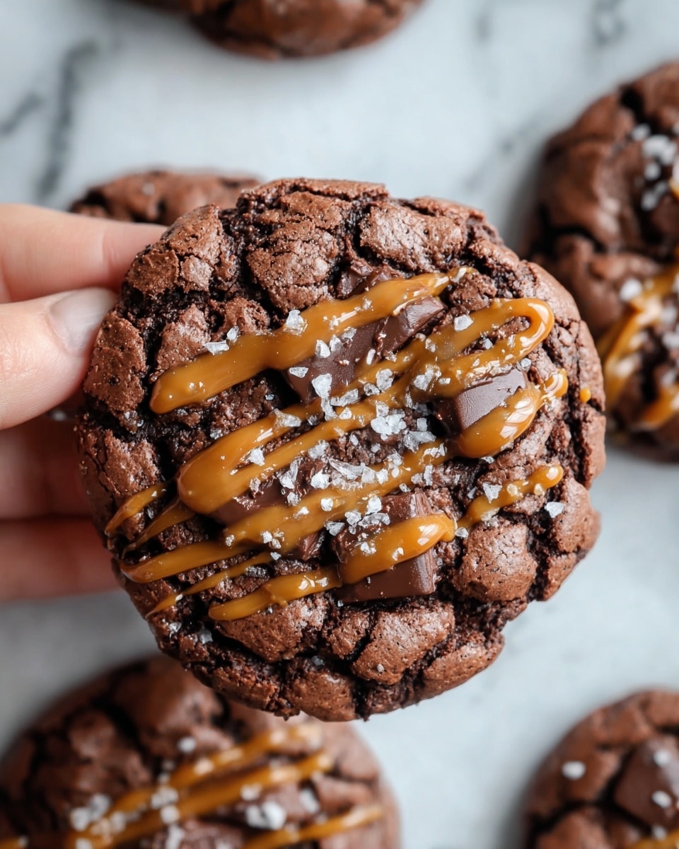 A close-up of a thick chocolate cookie held by a woman's hand with a cracked top surface showing its soft texture inside, studded with large dark chocolate chunks. The cookie is drizzled with caramel sauce in uneven stripes and sprinkled with coarse salt crystals on top. In the background, there are more similar chocolate cookies partially visible on a white marbled texture. photo taken with an iphone --ar 4:5 --v 7