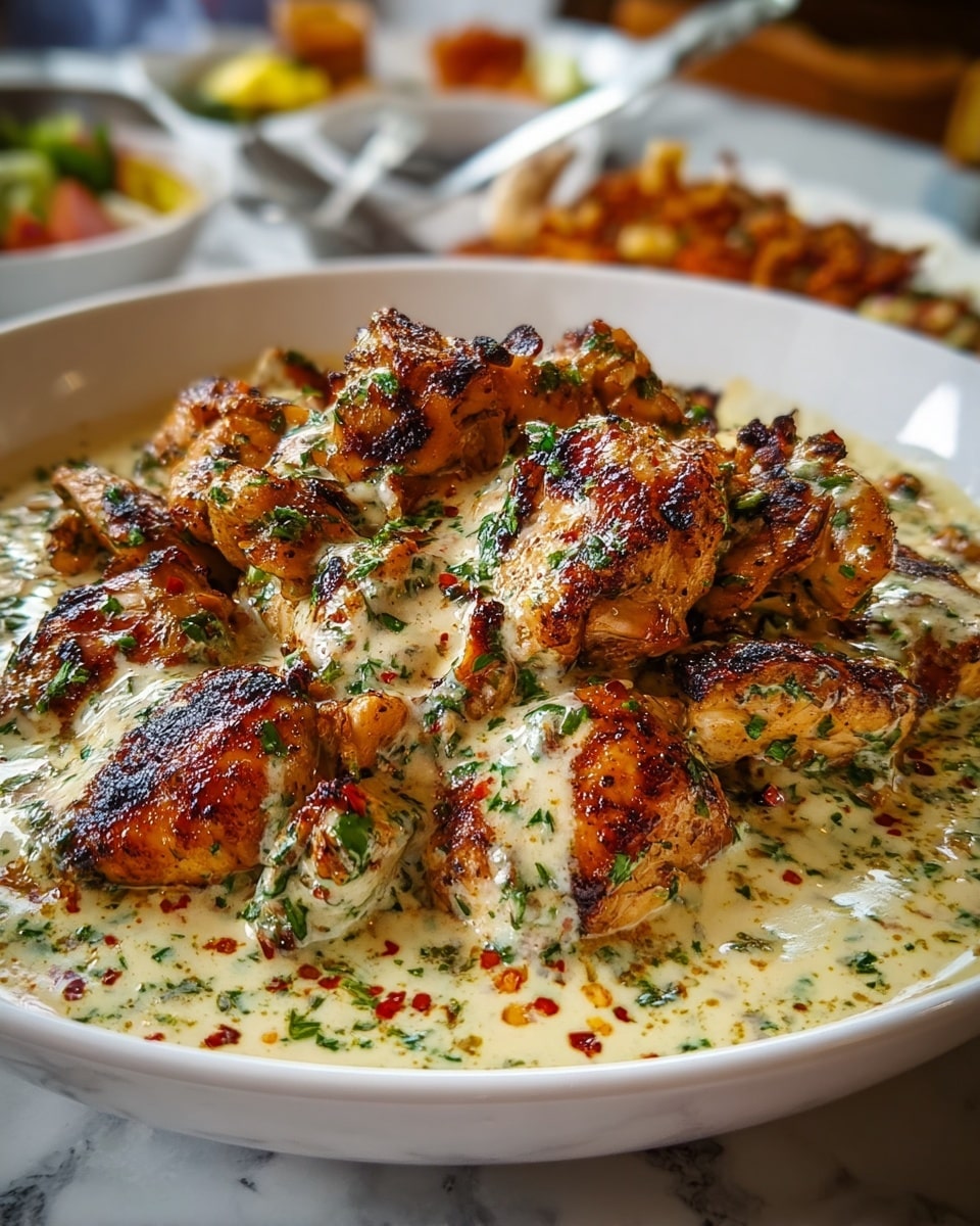 The dish shows a large white bowl filled with grilled chicken pieces that have a golden brown and slightly charred surface. The chicken is covered and surrounded by a creamy sauce that is off-white with green herb flecks and sprinkled with small red spices. The pieces are piled generously, with the sauce thickly coating them and pooling at the bottom. The background is a white marbled surface, and there are blurred hints of other food and utensils behind the bowl. photo taken with an iphone --ar 4:5 --v 7