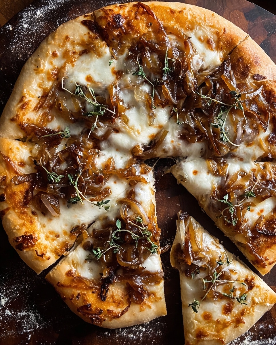 A pizza with a thick, golden-brown crust forms the base, topped with a layer of melted white cheese that has small brown bubbles. Spread on top of the cheese is a layer of cooked caramelized onions, showing a deep golden-brown color and soft texture. Sprigs of fresh green herbs are placed on the pizza, adding a touch of color and freshness. The pizza is cut into five uneven slices, with one slice slightly pulled away, showing stretchy cheese. It sits on a dark wooden surface with some flour scattered around. photo taken with an iphone --ar 4:5 --v 7