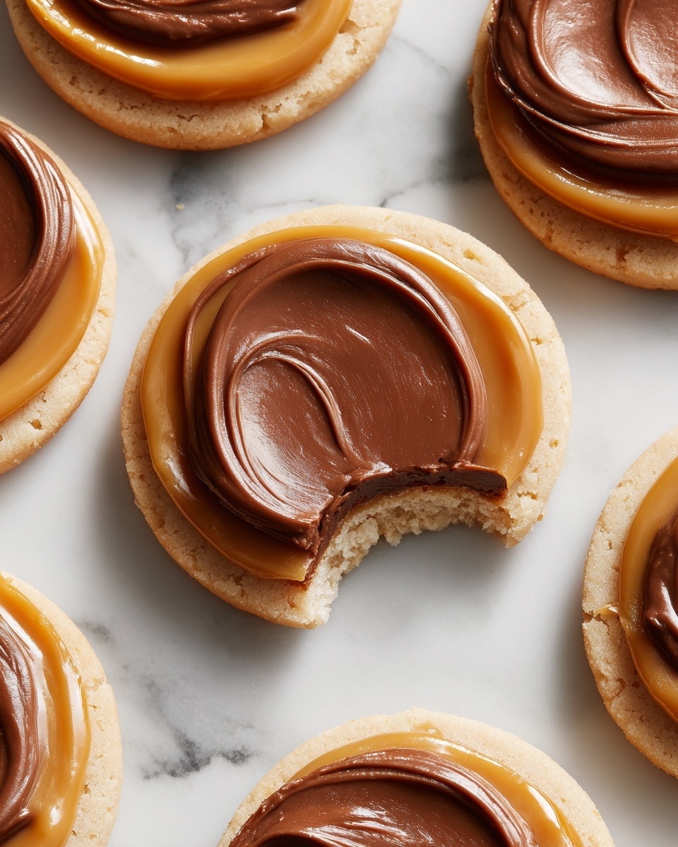 A group of round sugar cookies with a soft pale yellow base layer, each topped with a ring of glossy, golden caramel just inside the cookie edge, and a smooth, circular layer of milk chocolate spread in the center, forming a swirl pattern. One cookie has a bite taken out, revealing the soft texture inside. The cookies are laid closely together on a white marbled surface. photo taken with an iphone --ar 4:5 --v 7
