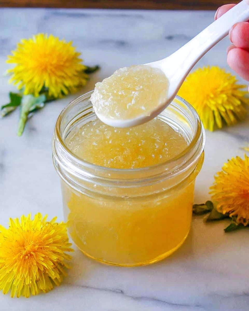 A clear glass jar filled with a thick, light yellow jelly-like substance, with visible small pieces inside giving it a textured appearance, is centered in the image. A white spoon, held by a woman's hand, is scooping up some of the jelly from the jar, showing its gelatinous, slightly shiny texture. Around the jar sit bright yellow dandelion flowers, adding a fresh and natural touch. The background is changed to a white marbled texture. photo taken with an iphone --ar 4:5 --v 7