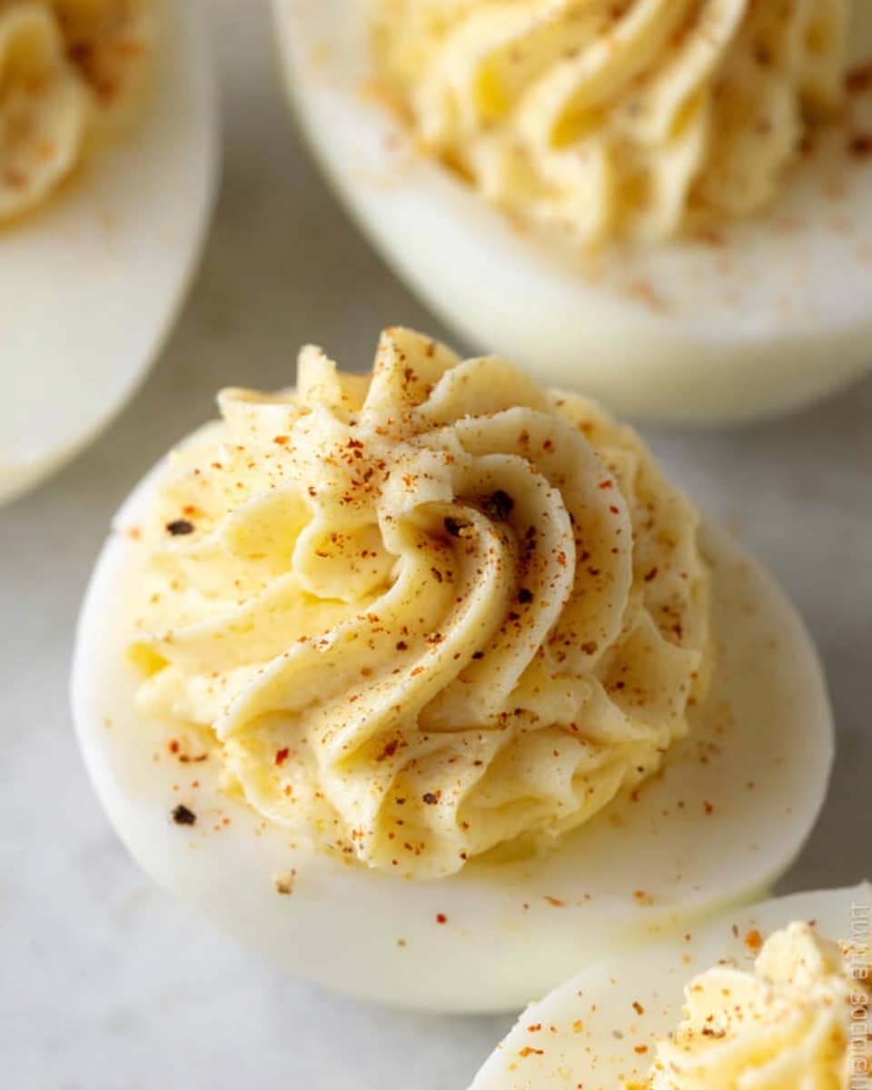 A close-up view of three deviled egg halves laid on a white marbled surface, each with a smooth white egg white base holding a neatly piped swirl of creamy yellow filling on top, sprinkled lightly with tiny bits of black pepper and reddish seasoning. The filling has a soft, fluffy texture with visible ridges from the piping, creating a decorative pattern that contrasts with the smooth surface of the egg white. photo taken with an iphone --ar 4:5 --v 7