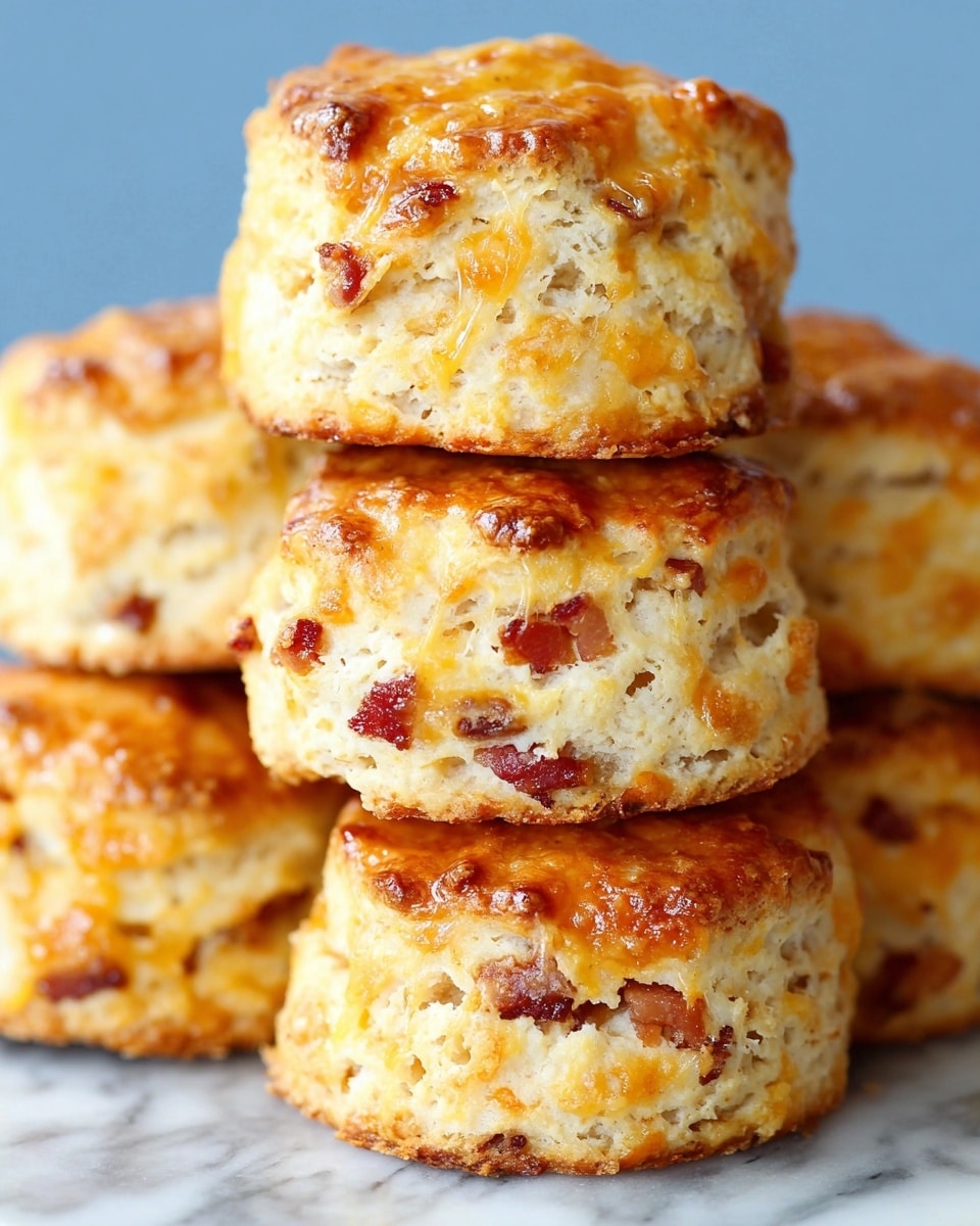 A close-up view of five golden brown cheese and bacon biscuits stacked on a white marbled surface, each biscuit showing three to four visible layers with a crumbly texture mixed with bits of orange cheese and small pieces of bacon. The tops are shiny and slightly crispy, with some melted cheese spots. The background is a plain, soft blue color. Photo taken with an iphone --ar 4:5 --v 7