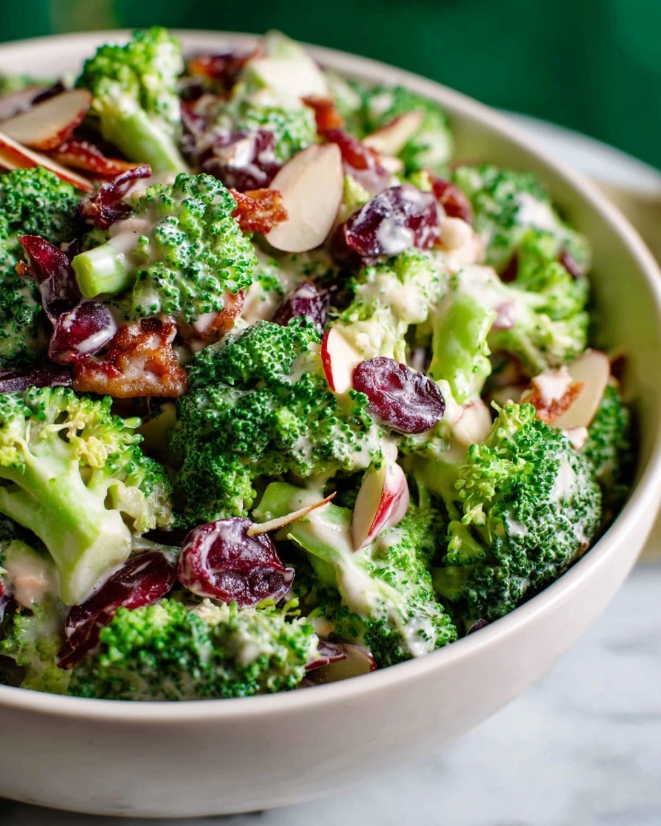 A close-up of a white bowl filled with a chunky salad made of bright green broccoli florets, deep red dried cranberries, thin beige bacon pieces, and pale white almond slices, all mixed together with creamy light-colored dressing that coats each ingredient. The colors of the broccoli and cranberries stand out with the smooth creaminess of the dressing. The bowl sits on a white marbled surface with a green background slightly blurred. photo taken with an iphone --ar 4:5 --v 7