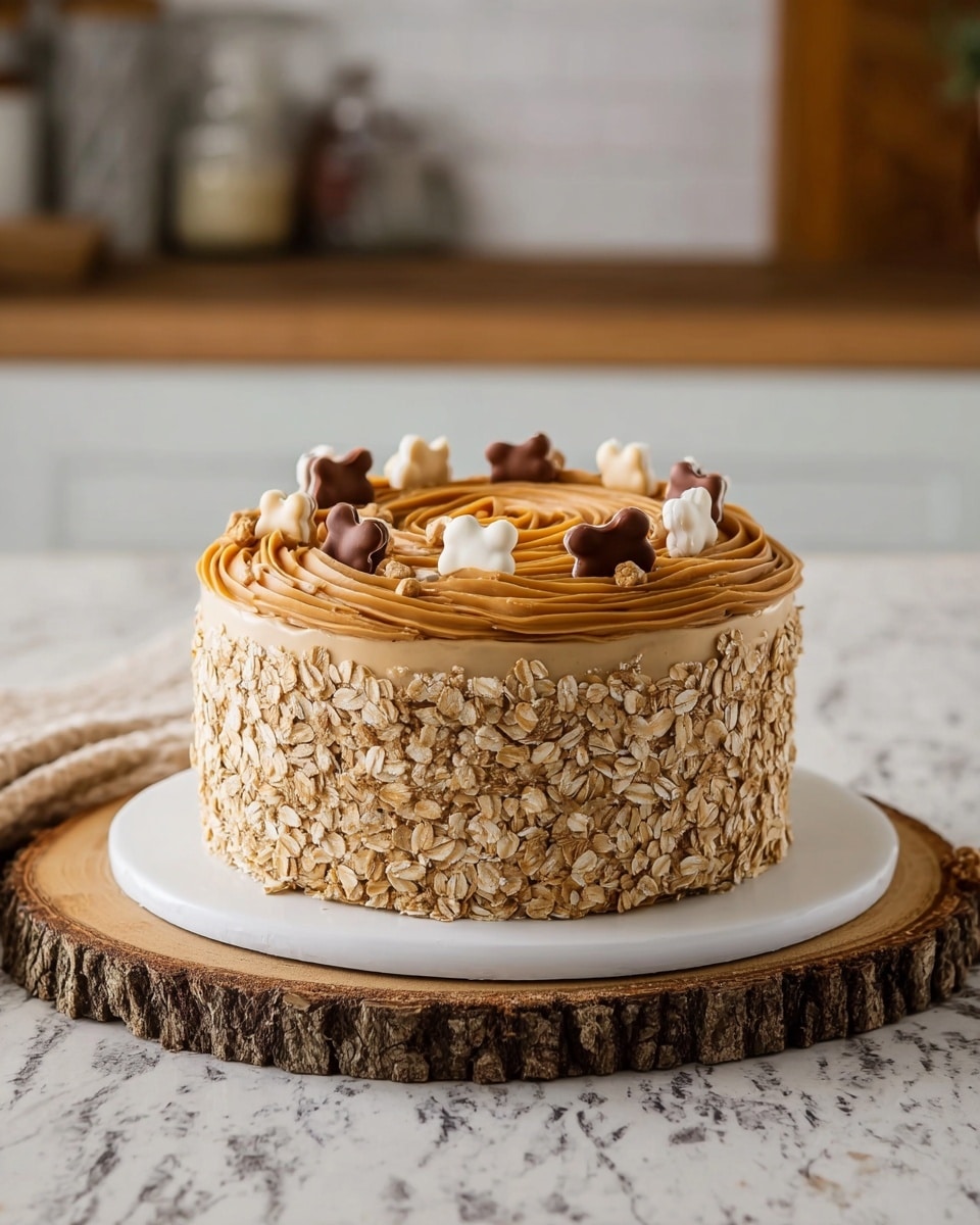 A round cake with three main parts: the bottom is covered with large oats pressed closely together around the sides, creating a rough, natural texture; above this is a smooth, thick layer of caramel-colored frosting spread evenly on top, shaped into a swirl; on the center top, there are several small dog bone-shaped treats in dark brown and white colors scattered decoratively. The cake sits on a white circular board placed on a rustic, textured wood slice. The background shows a kitchen scene with soft light, and the surface on which the cake sits has a white marbled texture instead of wood. Photo taken with an iphone --ar 4:5 --v 7