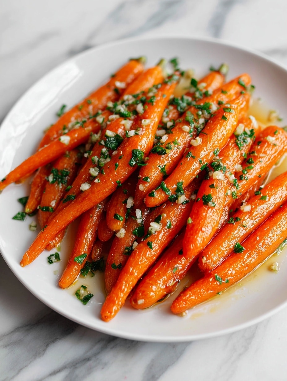 The image shows a white plate filled with roasted baby carrots that are glossy and bright orange with slight caramelized edges. The carrots are coated with a sauce made of finely chopped garlic and fresh green herbs, spread evenly over them. The plate sits on a white marbled surface, enhancing the warm colors of the carrots. photo taken with an iphone --ar 4:5 --v 7