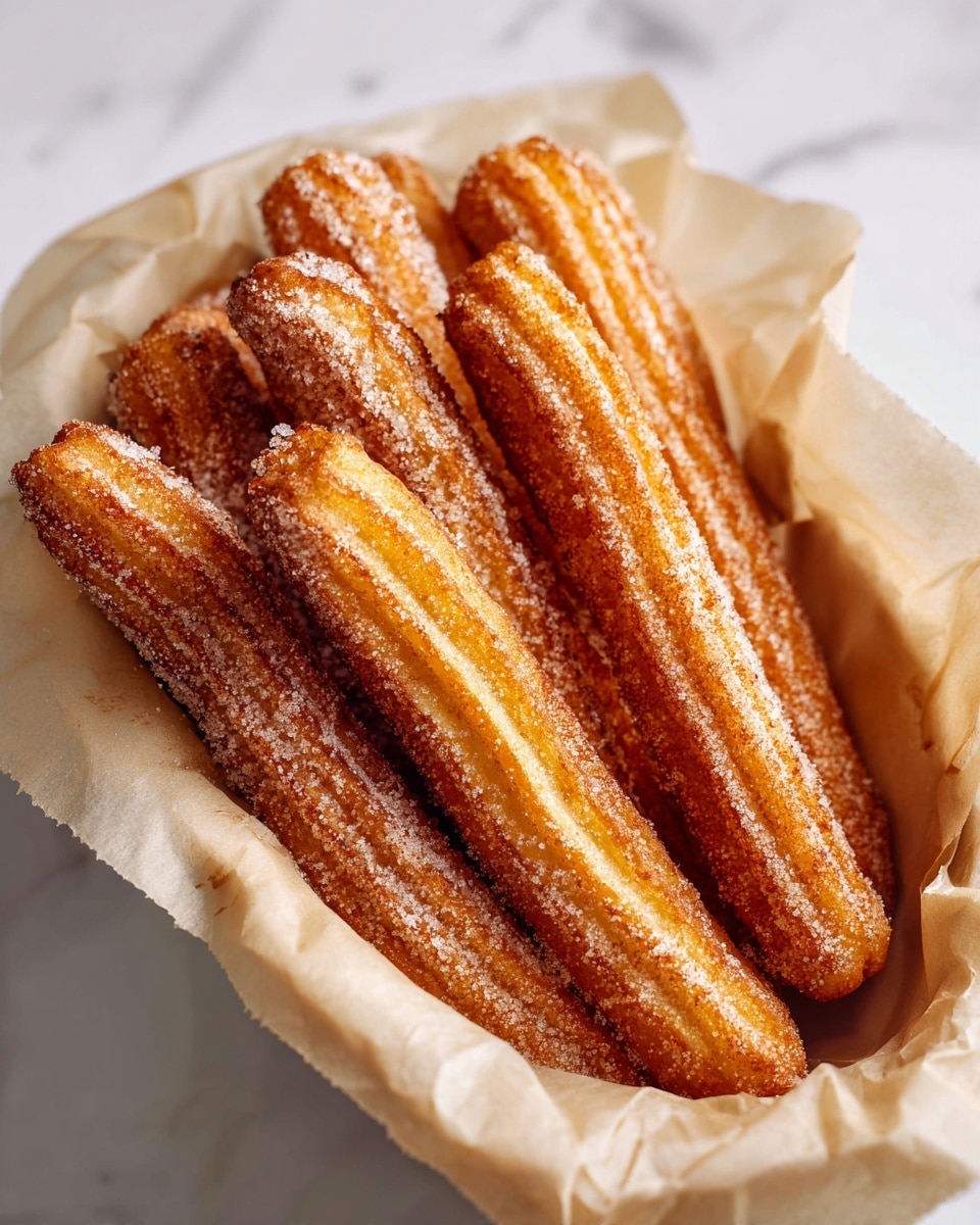 A basket lined with crumpled parchment paper holds seven golden-brown churros, each coated with a layer of granulated sugar and cinnamon, showing crispy ridges running lengthwise along their surface. The churros are arranged in a slightly overlapping way, filling the basket fully. The background is a white marbled texture, adding a clean contrast to the warm tones of the churros. photo taken with an iphone --ar 4:5 --v 7