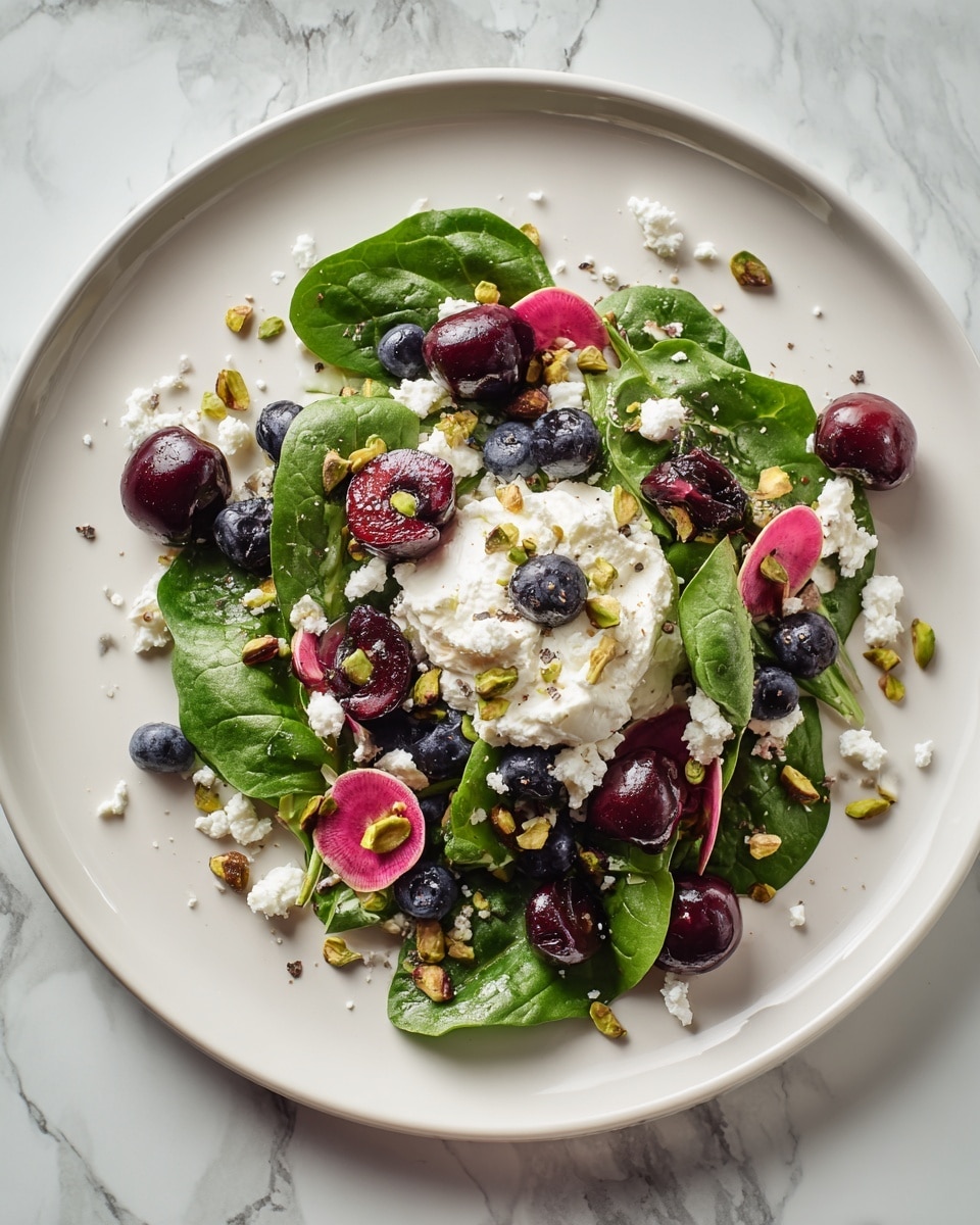 A white plate holds a fresh salad with a base layer of vibrant dark green spinach leaves spread evenly. On top, there is a generous scoop of creamy white soft cheese in the center, surrounded by mixed blueberries and dark red cherries that add rich color. Scattered around are pink radish slices, bright green pistachio nuts, and small white cheese crumbles sprinkled all over. The textures of the salad show the soft creaminess, the crunch of nuts, and the juicy berries. The background is a white marbled surface. Photo taken with an iphone --ar 4:5 --v 7