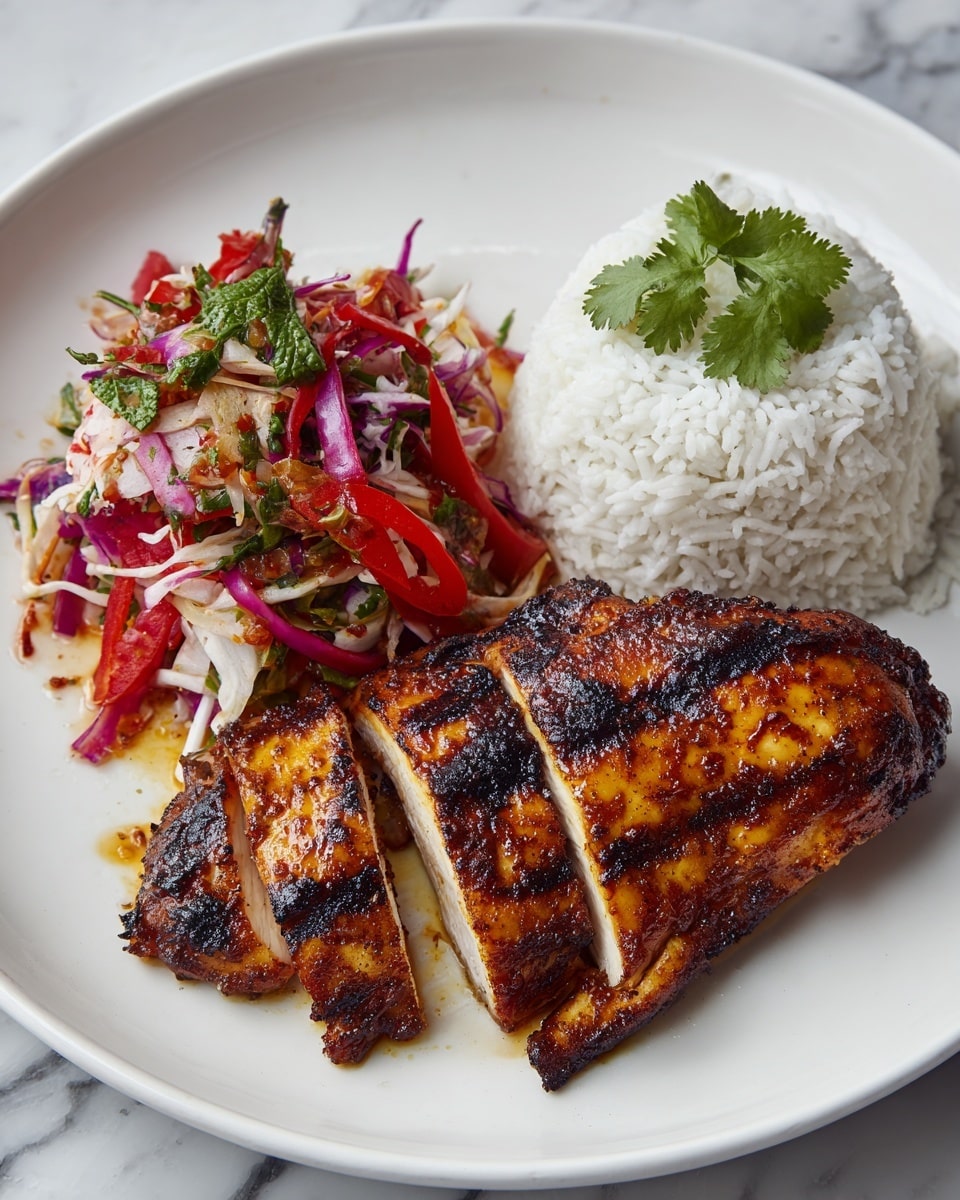 The dish is presented on a white plate resting on a white marbled surface. It features two grilled chicken breasts with a rich, deep golden-brown color and visible char marks, one breast is whole and the other is cut into thick slices showing a moist white interior. To the top left of the chicken, there is a colorful salad made of thin slices of red bell pepper, red cabbage, green herbs, and dressed in a light sauce, creating a mix of red, purple, and green colors and textures. On the top right of the plate, a neat mound of fluffy white rice flecked with small green herbs adds contrast. Fresh cilantro leaves garnish parts of the dish, adding a fresh green touch. Photo taken with an iphone --ar 4:5 --v 7