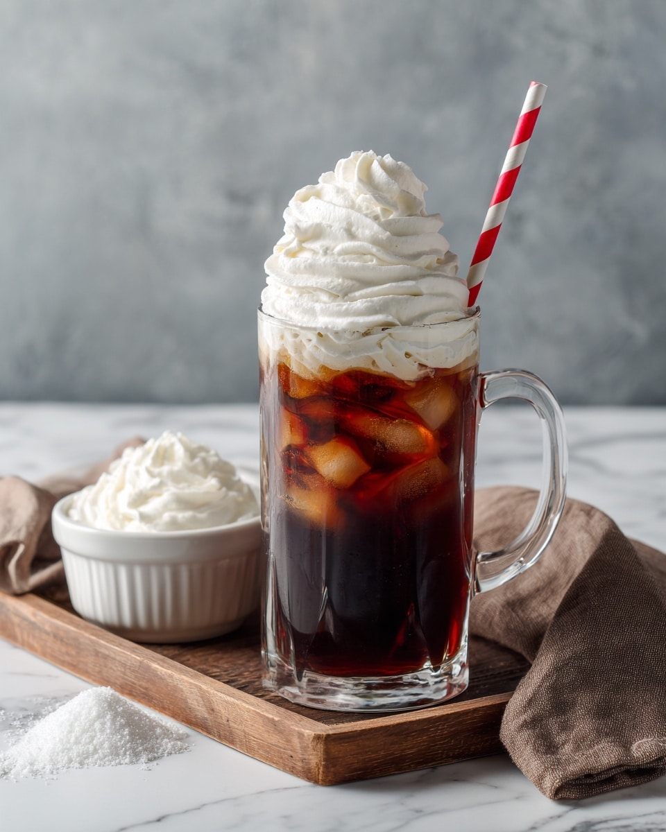 A tall clear glass mug filled with dark brown iced coffee, packed with ice cubes visible inside, topped with a large swirl of white whipped cream that rises high above the rim; inside the glass is a red and white striped straw leaning slightly to the side. Next to the glass on a white marbled textured surface, there is a small white bowl filled with extra whipped cream and a small pile of powdered sugar. The scene is set on a wooden tray with a brown cloth folded behind it; the background is a gray wall. Photo taken with an iphone --ar 4:5 --v 7