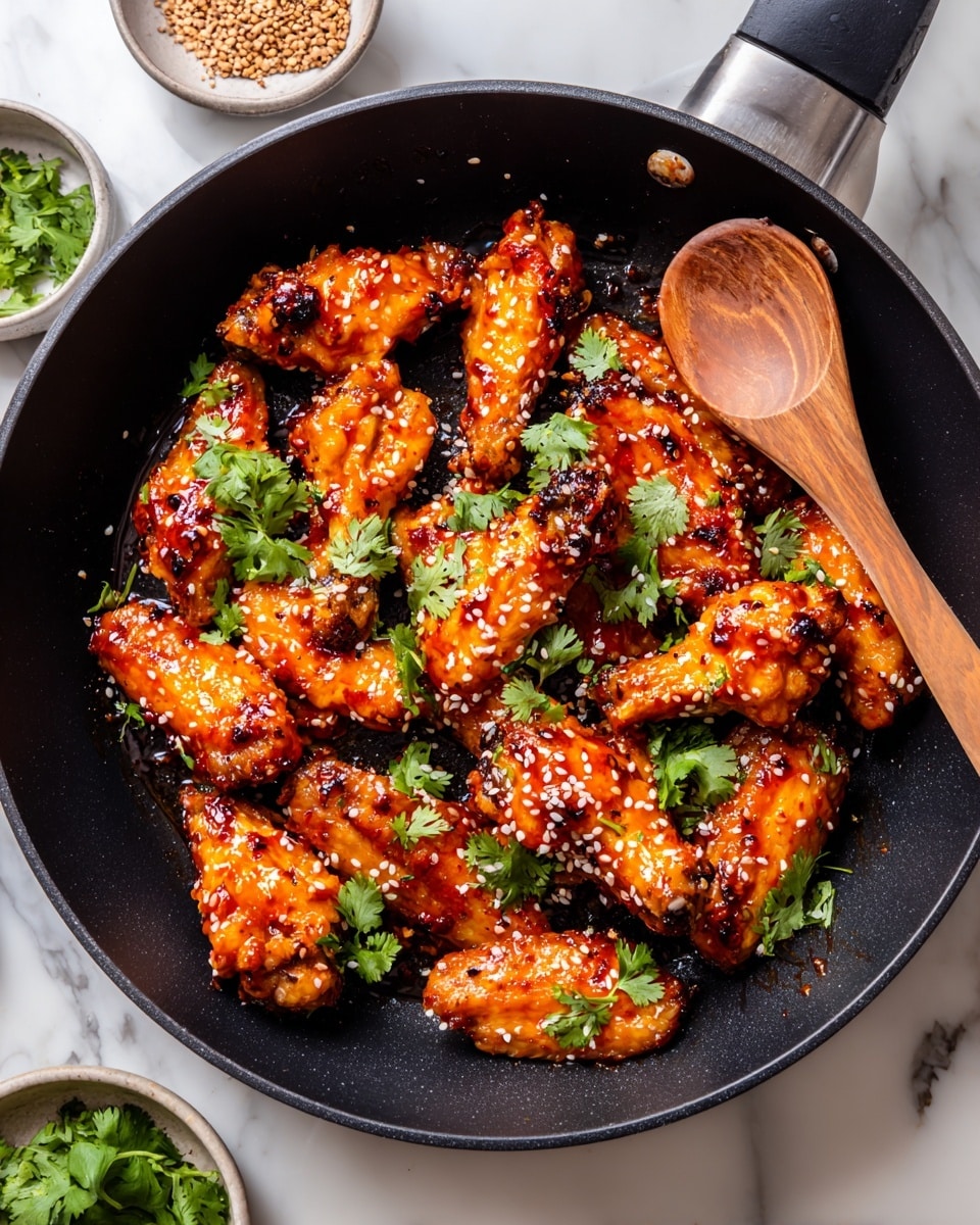 The image shows a black skillet filled with about fifteen buffalo chicken wings that are golden brown and glazed with a shiny, sticky orange-red sauce. Each wing is topped with small white sesame seeds and scattered fresh green cilantro leaves, adding color contrast. The wings have a crispy texture with some dark charred spots. Near the skillet's edge is a wooden spoon resting inside. The skillet sits on a white marbled surface, and there are small bowls with brown mustard seeds and sauce partially visible around the skillet. Photo taken with an iphone --ar 4:5 --v 7