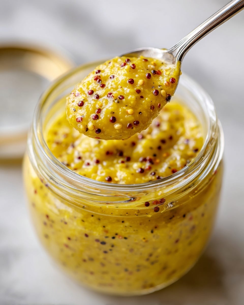 A close-up view of a clear glass jar filled with thick yellow mustard relish that has visible small chunks and tiny red and black mustard seeds scattered throughout. A shiny metal spoon hovers above the jar, scooping up a dollop of the same mustard relish, showing its creamy yet textured consistency. The jar sits on a white marbled surface, and the lid lies partially blurred in the background. photo taken with an iphone --ar 4:5 --v 7