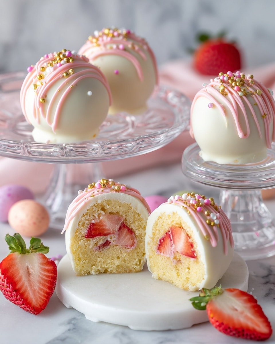 The image shows four round white chocolate-covered cake balls, each decorated with pink drizzle and small gold and pink sprinkles on top. Three cake balls are whole and placed on clear glass stands on a white marbled surface, while one is cut in half at the front, revealing three layers inside: a bottom light yellow sponge cake, a middle filling with fresh red strawberry pieces and pink cream, and a white chocolate outer shell. Around the cakes, pastel-colored small eggs and a slice of fresh strawberry are scattered, with a single whole strawberry on a white marbled pedestal in the background. photo taken with an iphone --ar 4:5 --v 7