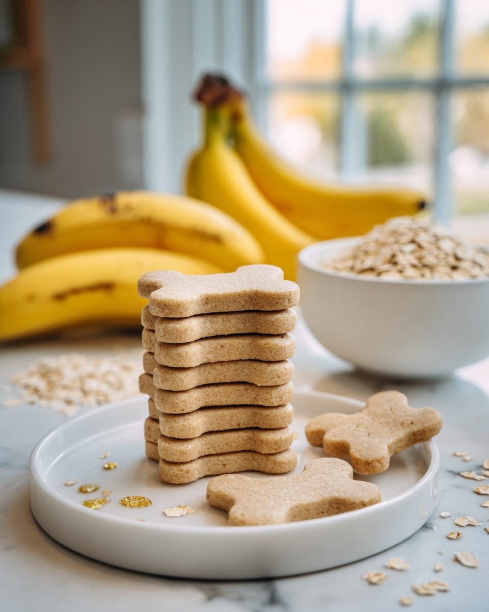 A white plate is filled with several bone-shaped cookies that have a light brown baked color and a slightly rough texture. Behind the plate, there are three ripe bananas, yellow with some brown spots, resting on the surface. Next to the bananas, a small white bowl holds a pile of light beige oats, with a few oats scattered outside the bowl. The scene is set on a wooden countertop with a blurred kitchen background, all on a white marbled texture. photo taken with an iphone --ar 4:5 --v 7
