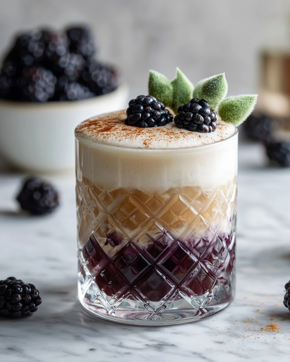 A clear glass with a diamond pattern holds a layered drink with three distinct layers: the bottom layer is dark purple-black, the middle layer is a swirled mix of purple and creamy beige, and the top layer is light beige foam sprinkled with brown powder. On top, two dark blackberries and two green fuzzy leaves are placed as garnish. In the background, there is a white bowl filled with blackberries and a few blackberries scattered on a white marbled surface. Photo taken with an iphone --ar 4:5 --v 7