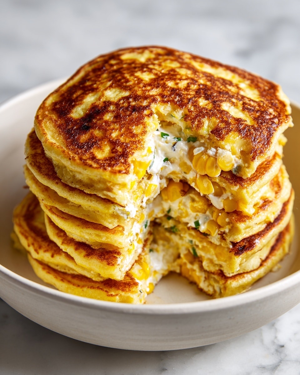 A stack of six thick, golden-yellow pancakes with uneven, slightly crispy browned spots on a white bowl, one of the pancakes split open in the middle showing a creamy white filling mixed with bits of green herbs and small pieces of yellow corn, the surface of the pancakes has a textured, fluffy look with slight shine as if lightly buttered, all set on a white marbled background. photo taken with an iphone --ar 4:5 --v 7