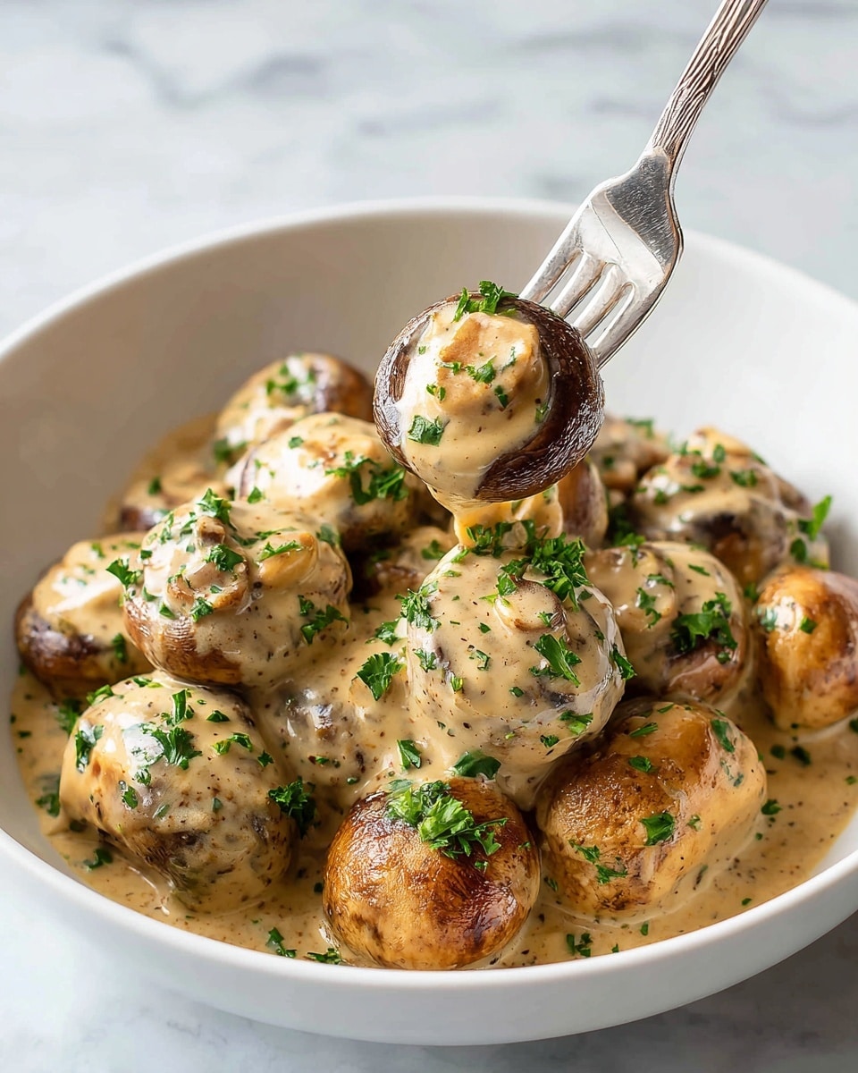 A white bowl filled with whole mushrooms covered in a creamy light beige sauce with a smooth and slightly thick texture. The mushrooms are golden brown on top, some with caramelized spots, and are evenly coated in the sauce. Fresh green parsley pieces are sprinkled across the mushrooms, adding small bursts of color and freshness. A silver fork is lifting one mushroom from the bowl, showing the sauce dripping slightly. The background is a white marbled surface. Photo taken with an iphone --ar 4:5 --v 7