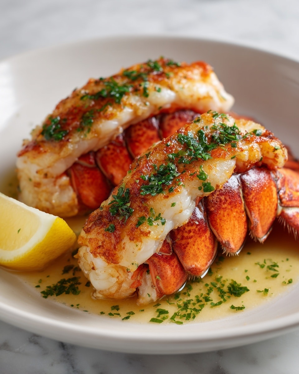 The image shows two lobster tails placed side by side on a white plate set on a white marbled surface. Each lobster tail has three main layers: the bright orange-red shell on the bottom, a thick layer of creamy white lobster meat on top, which is slightly browned and crispy from cooking, and the top is sprinkled with finely chopped green herbs and a light coating of buttery sauce pooling around the tails. On the left side of the plate, there is a lemon wedge with bright yellow color and a fresh look. photo taken with an iphone --ar 4:5 --v 7