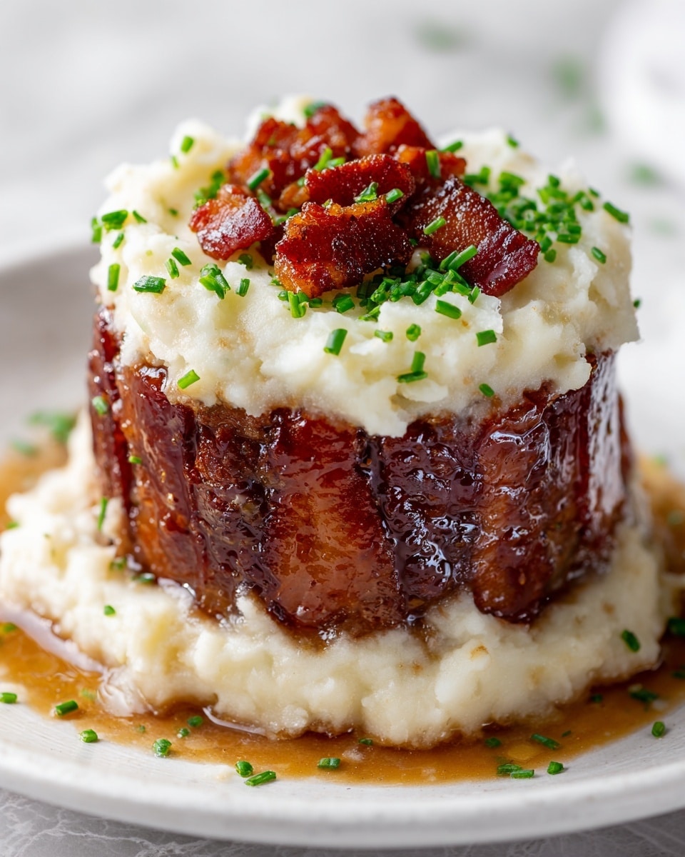 A single round mini meatloaf sits on a white plate with a white marbled texture background, wrapped tightly with shiny, dark caramelized bacon strips on the outside forming the first layer. The second layer is a thick mound of creamy, slightly browned mashed potatoes piled high on the meatloaf. On top, small, crispy bacon pieces are placed in the center, surrounded by finely chopped green chives sprinkled evenly over the mashed potatoes. The meatloaf is glossy with juices pooling slightly at the base, showing a rich, hearty texture beneath the smooth potato topping. Photo taken with an iphone --ar 4:5 --v 7