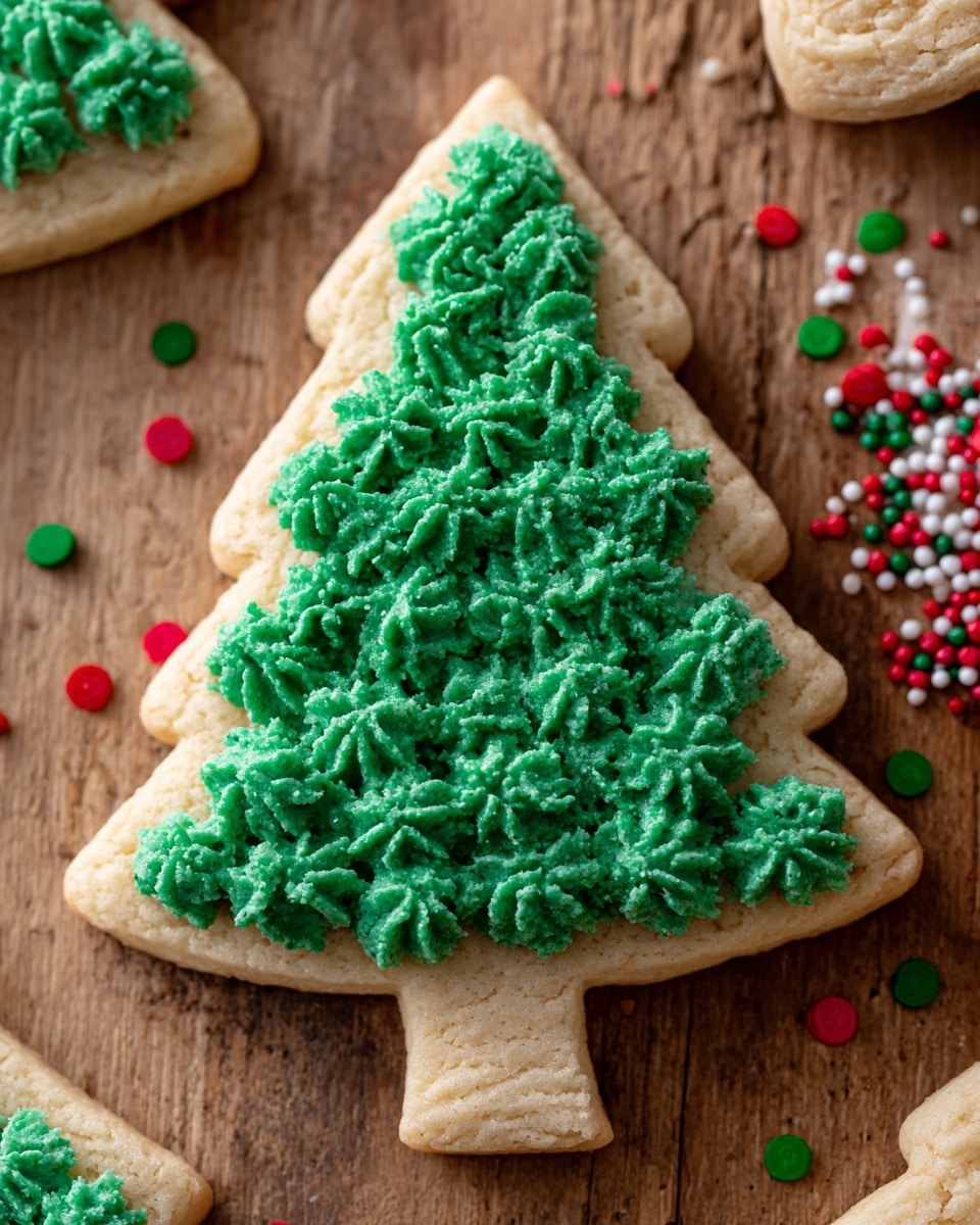 A close-up image shows a Christmas tree-shaped sugar cookie with one thick base layer of beige dough. On top, there is a layer of thick, textured green frosting applied in small leaf-like dollops, arranged to cover the entire tree shape giving a fluffy, 3D effect. The cookie is placed on a wooden surface with tiny red, green, and white round sprinkles scattered around. Photo taken with an iphone --ar 4:5 --v 7