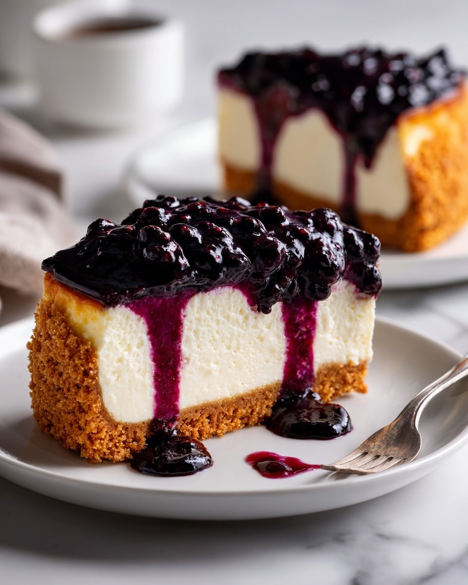 The image shows two slices of mulberry and earl grey cheesecake on white plates set on a white marbled surface. Each slice has three layers: the bottom layer is a crumbly, golden-brown crust, the middle layer is a thick, creamy white cheesecake with a smooth texture, and the top layer is a glossy deep purple mulberry sauce with visible mulberry pieces. One slice has the sauce slightly dripping down the side, and there is a small smear of the purple sauce on the plate near the slices. The lighting highlights the shine on the mulberry sauce, making it look fresh and rich. Photo taken with an iphone --ar 4:5 --v 7