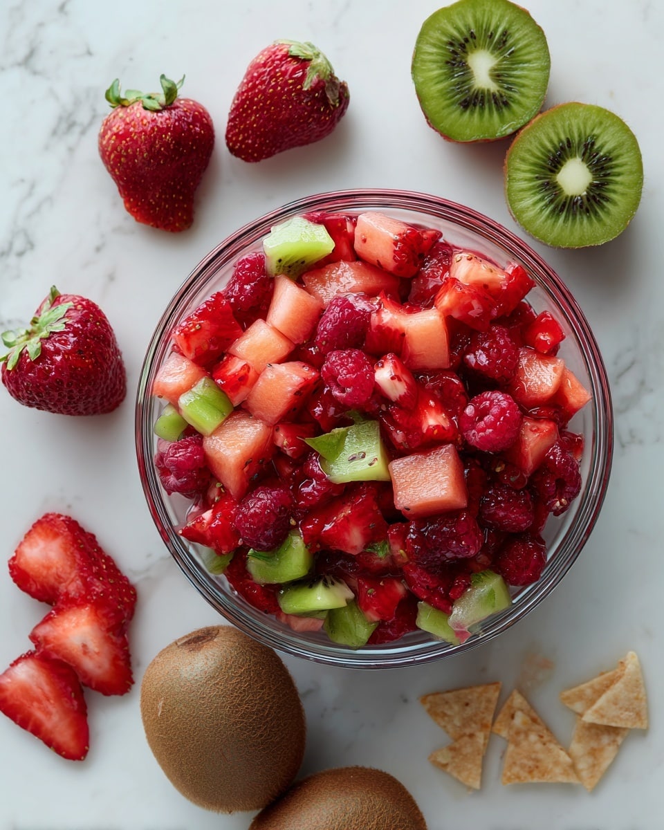 A clear glass bowl filled with a colorful fruit salad made of three main layers of diced fruits: light pink melon pieces, bright red strawberries, and deep red raspberries mixed evenly throughout. The fruit pieces show a juicy texture with some small black kiwi seeds visible. Around the bowl on a white marbled surface lie whole strawberries, one sliced in half showing its red inside, two whole brown kiwis with one sliced revealing bright green and black seed details, and some light brown triangular chips. The whole scene has a fresh, vibrant look. photo taken with an iphone --ar 4:5 --v 7