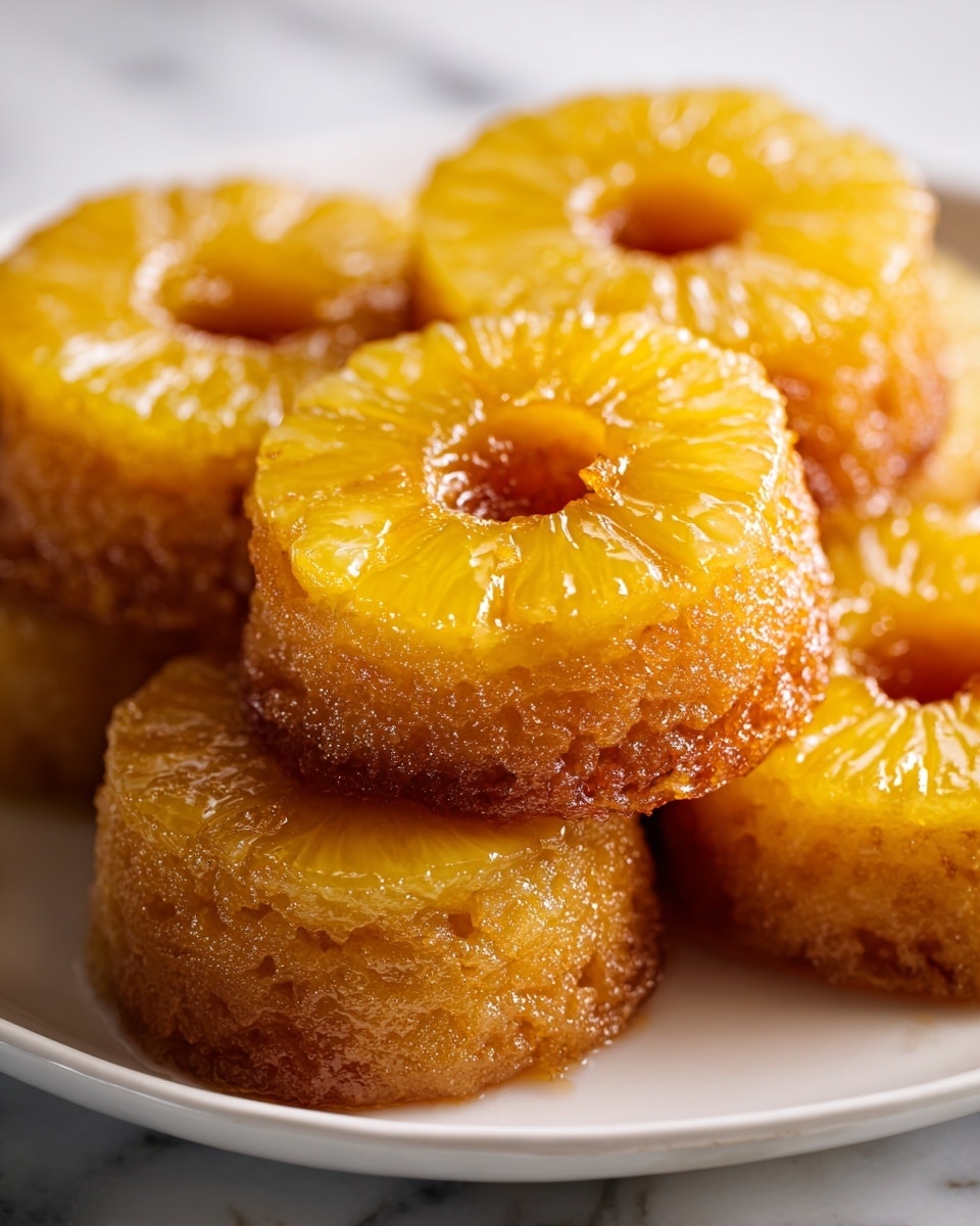 The image shows a stack of four circular pineapple tarts on a white plate, each tart with a golden-brown caramelized edge and a shiny, yellow pineapple ring on top. The pineapple rings are juicy and translucent, with visible segments radiating from a small hollow center. The caramelized edges of the tarts have a rough, crunchy texture, contrasting with the smooth, glossy pineapple layer. The plate is placed on a surface with a white marbled texture, with a blurred background featuring dark and green tones. photo taken with an iphone --ar 4:5 --v 7