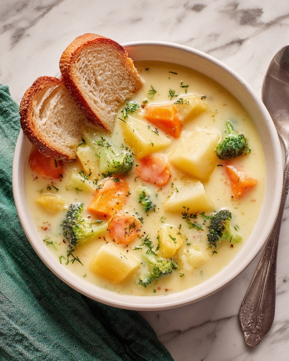 A thick creamy soup fills a white bowl, showing three visible layers of soft textures: small orange carrot chunks, green broccoli pieces, and pale potato cubes, all suspended in a light yellow, smooth broth. Two slices of crusty bread rest on the soup’s surface, their light golden brown color contrasting with the creamy soup. The bowl sits on a white marbled surface with a green cloth napkin and silver spoon nearby. Photo taken with an iphone --ar 4:5 --v 7