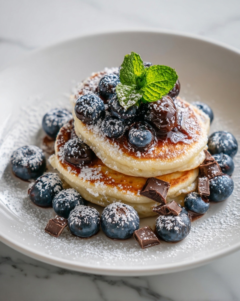 A white plate piled high with golden brown mini pancakes, each round and thick with a light, fluffy texture, stacked in a loose mound of about three layers. The pancakes have a slightly crisp surface dusted with a fine layer of white powdered sugar. Scattered evenly around and on top are plump, deep blue blueberries with a few shiny dark chocolate pieces nestled among them. A small sprig of fresh green mint sits near the top center, adding a touch of color contrast. The plate rests on a white marbled surface. photo taken with an iphone --ar 4:5 --v 7
