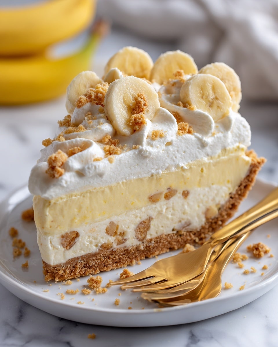 A close-up of a slice of banana cream pie on a white plate, showing three visible layers: a crumbly light tan cookie crust at the bottom, a thick creamy pale yellow banana custard in the middle with bits of crushed cookies embedded, and a fluffy white whipped cream layer on top. The pie is garnished with round pale yellow banana slices and sprinkled with small crumbled cookie pieces. Two golden spoons rest beside the pie on the plate, which sits on a white marbled surface, with blurred bananas in the soft background. Photo taken with an iphone --ar 4:5 --v 7