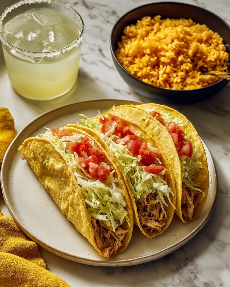 The image shows three rolled, golden-brown fried tacos filled with shredded chicken placed side by side on a white plate. On top of the tacos, there is a layer of thinly shredded light green lettuce, topped with a small heap of bright red diced tomatoes. To the upper right of the plate, there is a black bowl filled with fluffy, yellow-orange rice. To the upper left, a clear glass with a salted rim holds a pale yellow drink with ice. The setting rests on a white marbled surface, with a yellow cloth partially visible on the far left. photo taken with an iphone --ar 4:5 --v 7
