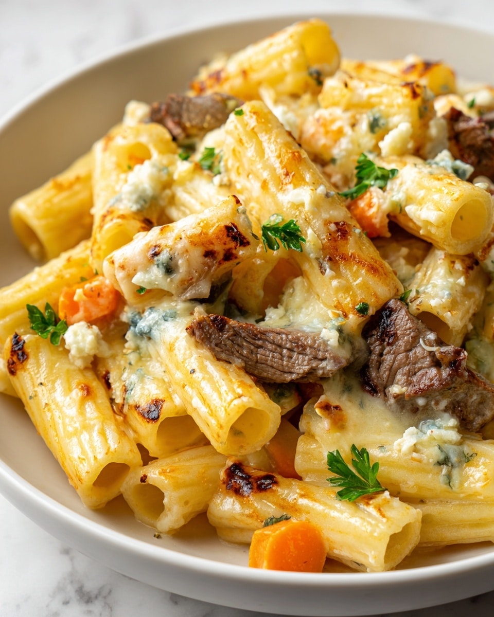 A close-up view of a creamy baked pasta dish in a white bowl, showing one layer of tube-shaped rigatoni pasta with a light yellow color and slightly browned spots. Mixed in are chunks of brown grilled steak, small pieces of orange carrots, and melted white cheese evenly covering everything. There are small bits of bluish cheese scattered on top and fresh green parsley leaves sprinkled across the dish, adding a touch of color. The texture looks rich and creamy with a slight crisp on the pasta and a smooth, cheesy sauce. The background is a white marbled texture. photo taken with an iphone --ar 4:5 --v 7