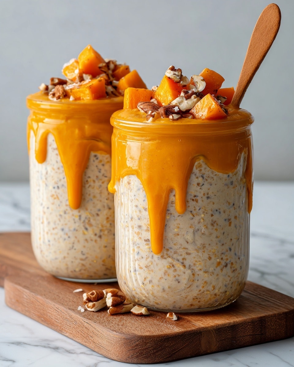 Two clear jars filled with a creamy beige mixture topped with chopped nuts and small orange cubes, likely pumpkin, with orange syrup dripping down the sides. Each jar has a wooden spoon placed inside, and they sit on a light wooden board. The background features a white marbled texture, adding a clean and bright feel to the scene. The creamy layer shows a slightly speckled texture, suggesting oats or seeds mixed in. Photo taken with an iphone --ar 4:5 --v 7