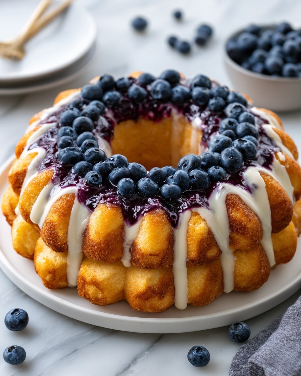 A circular bundt cake made of small golden brown baked dough pieces, each piece slightly crisp on the outside, forming a ring with a hollow center. On top, there is a glossy layer of purple blueberry jam filling the spaces between the dough pieces. Fresh, plump blueberries in deep blue color are scattered over the jam layer, adding a juicy and vibrant touch. A creamy white drizzle sauce is poured unevenly over the cake, blending slightly with the blueberry jam and giving a shiny, smooth texture. The cake is placed on a white plate, set on a white marbled surface, with some loose blueberries and a grey cloth nearby. Photo taken with an iphone --ar 4:5 --v 7
