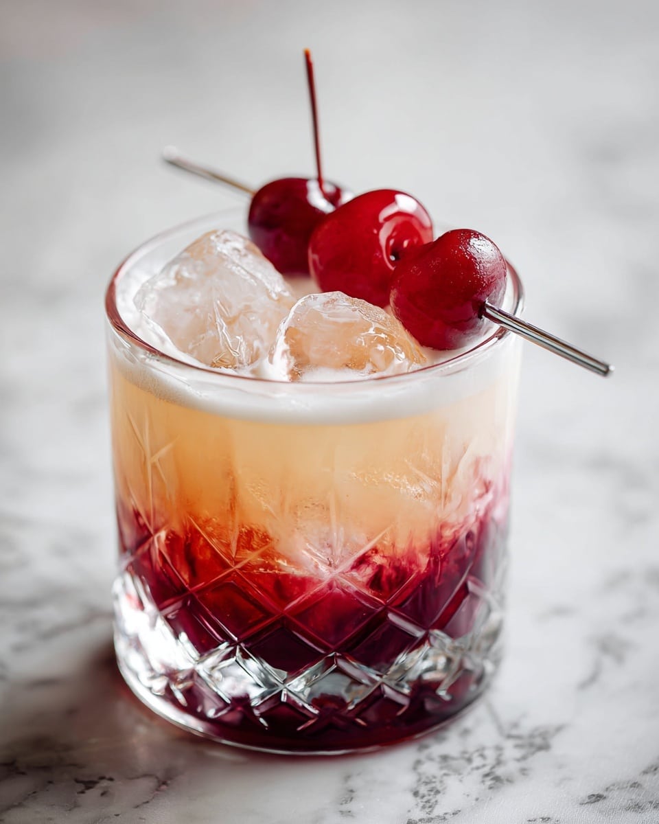 A short clear glass with a textured star pattern holds a layered drink with three parts: the bottom layer is dark red, the middle layer is a mix of the red and white creating a swirling pink pattern, and the top layer is white with three clear ice cubes floating. On top, two bright red cherries are skewered on a silver pick and rest across the glass rim. The glass sits on a white marbled surface. Photo taken with an iphone --ar 4:5 --v 7