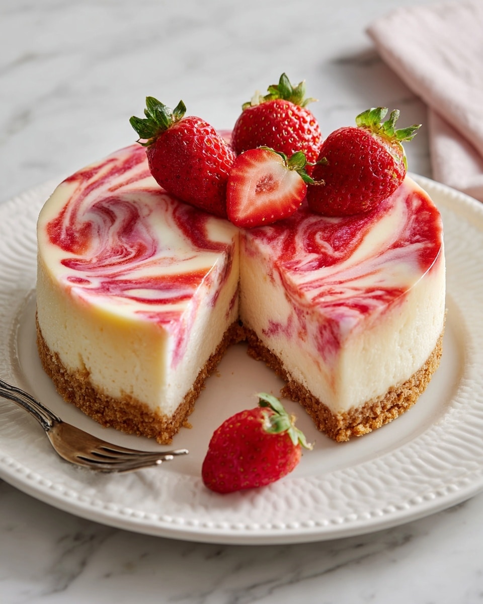 A round cheesecake with three layers stands on a white plate with a decorative edge, set on a white marbled surface. The bottom layer is a light brown crumbly crust, the thick middle layer is creamy white cheesecake with smooth texture, and the top layer is swirled with pink and red strawberry sauce, creating a marbled pattern. On top, there are five whole and halved fresh bright red strawberries with green leaves. To the left side of the plate, a silver fork leans against the plate. Photo taken with an iphone --ar 4:5 --v 7