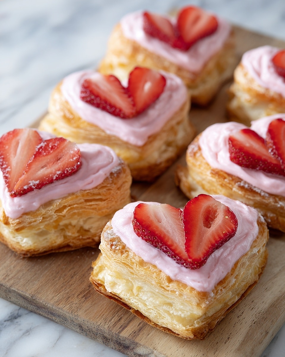 The image shows five heart-shaped pastries arranged on a wooden board over a white marbled surface, each with a golden-brown flaky crust. The base layer is a light, crispy pastry, topped with a thin, creamy pink layer that looks smooth and soft. On top of this layer, there are bright red strawberry slices arranged neatly, giving a fresh and juicy look. The pastries have a shiny glaze that makes them look moist and appetizing. The lighting highlights the textures of the crust and fruit, making the colors pop. Photo taken with an iphone --ar 4:5 --v 7
