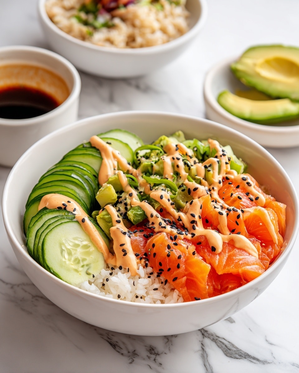 A white bowl filled with a colorful poke bowl showing distinct layers: the bottom layer is white rice, topped with neatly sliced green cucumber strips arranged vertically on one side, alongside bright orange slices of salmon. On top, there is a drizzle of light orange creamy sauce and a sprinkle of black and white sesame seeds scattered all over. The bowl is placed on a white marbled surface with a small white bowl of halved avocado and another bowl of mixed rice in the background. Photo taken with an iphone --ar 4:5 --v 7