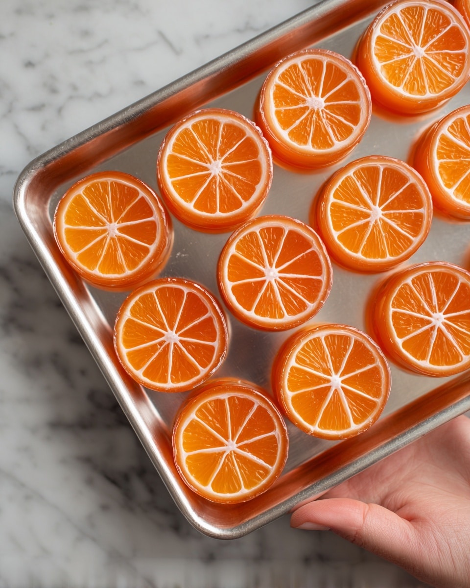 The image shows a tray filled with round orange-colored sweets, each cut into thick, even slices arranged in rows. Each sweet has a smooth, glossy top layer with a vibrant orange color and a white, delicate lace-like pattern resembling a spider web. The sides reveal a slightly translucent, firm texture with a consistent orange shade. A woman's hand is holding the tray from the side, the background is a white marbled texture. photo taken with an iphone --ar 4:5 --v 7